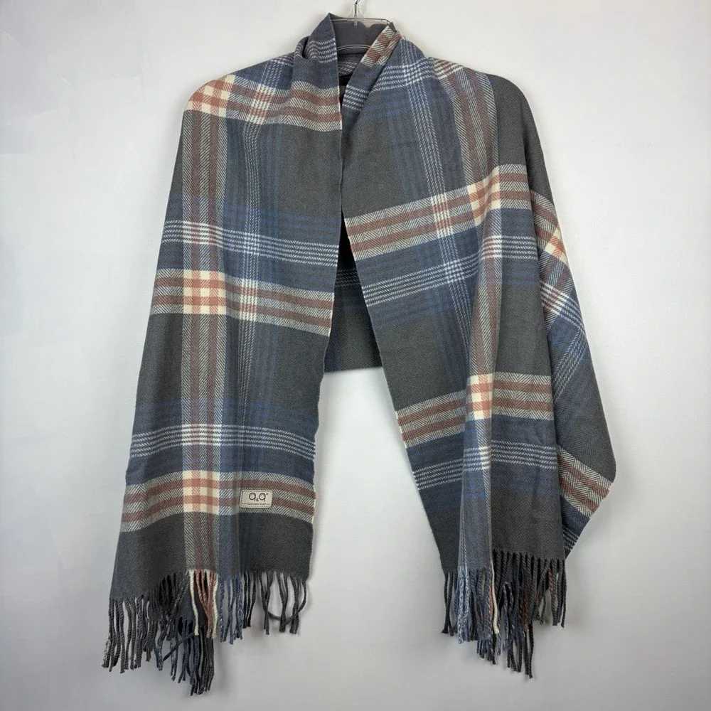 100% Cashmere Large Scarf Womens Blue Plaid Fringe Travel Luxury Soft Wrap Money